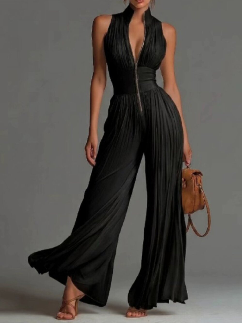 Women's Black Pleated Halter Wide-Leg Jumpsuit